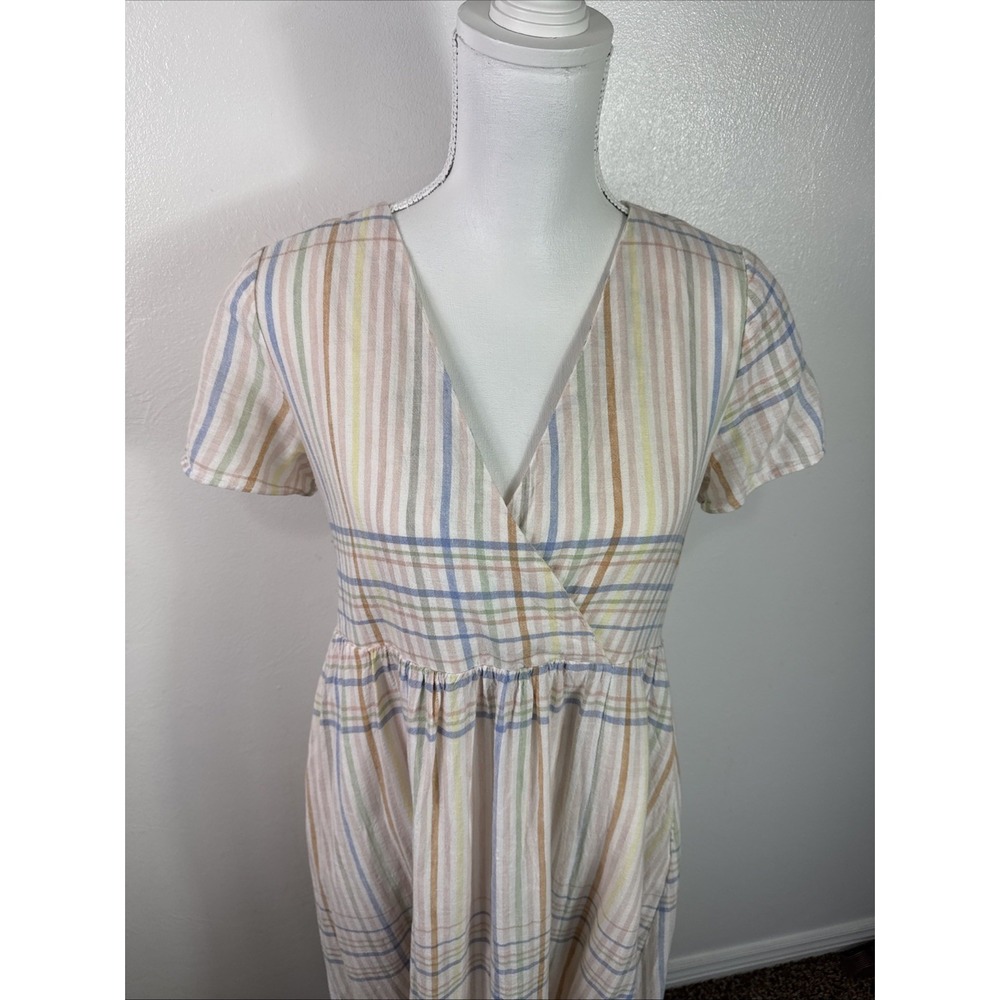 Madewell Women XS Clara Midi Dress Pockets Linen Bld Pastel Plaid Cap Sleeve - Picture 9 of 16